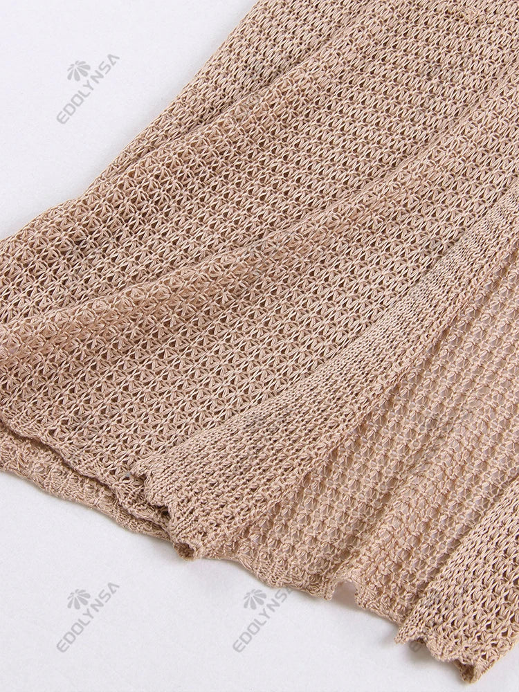 Sexy Slim Low-cut Tie Knit Halter Cut Out Circle Decoration High Slit Beach Maxi Dress 2025 Women Summer Swimsuit Cover Up K88 Luxlife Brands