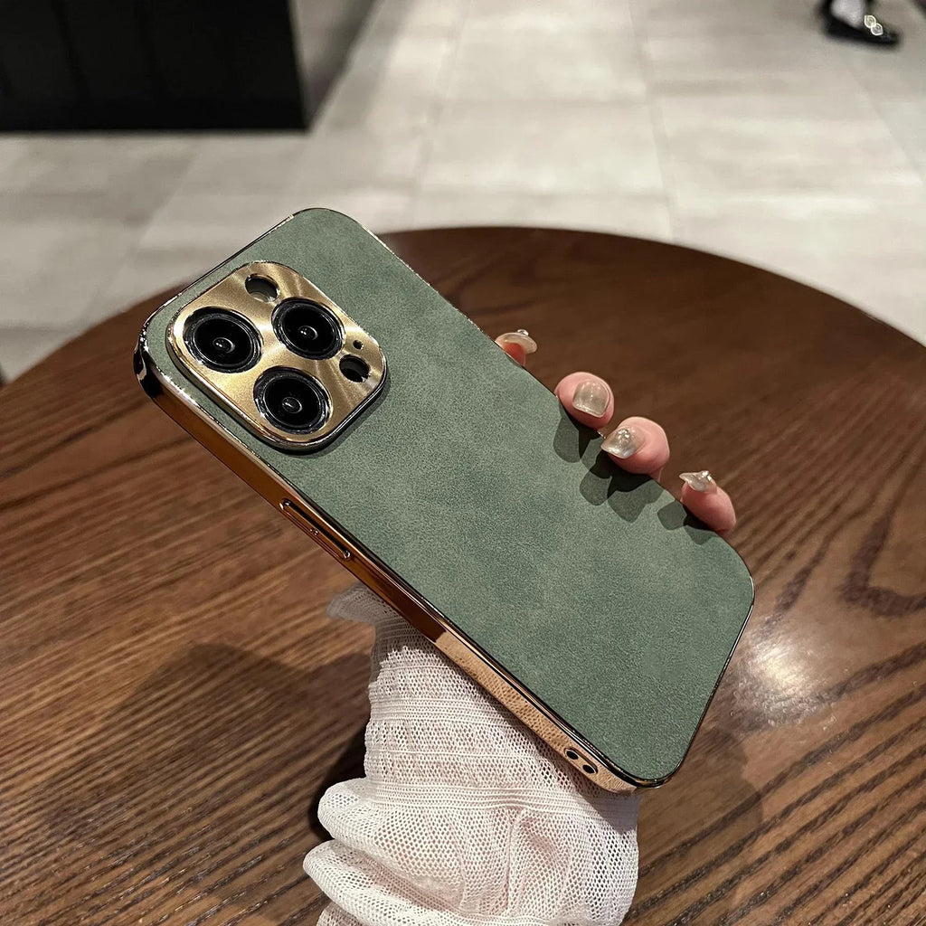 Sheepskin Phone Case For iPhone 15 11 13 12 14 16 Pro Max Plus Plating Bumper Turn Fur Lambskin Leather Metal Lens Phone Cover