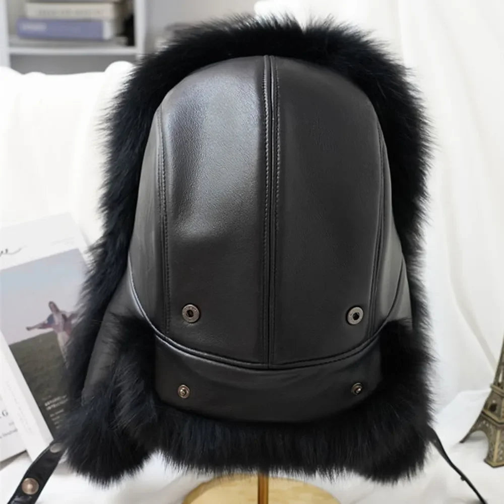 New Winter Men's 100% Real Silver Fox Fur Bomber Hat Raccoon Fur Ushanka Cap Trapper Russian Man Ski Hats Caps Real Leather LUXLIFE BRANDS