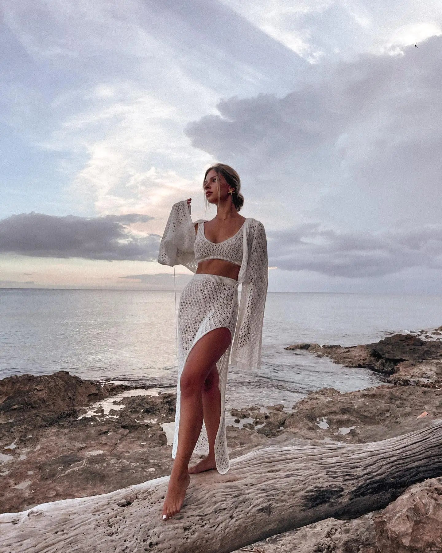 Sexy Knit Set White Cut Out Swimsuit Cover Up 2025 Women's Summer Bell Sleeve Lace-up Loose Top Beach Half Skirt Two-piece K136 Luxlife Brands