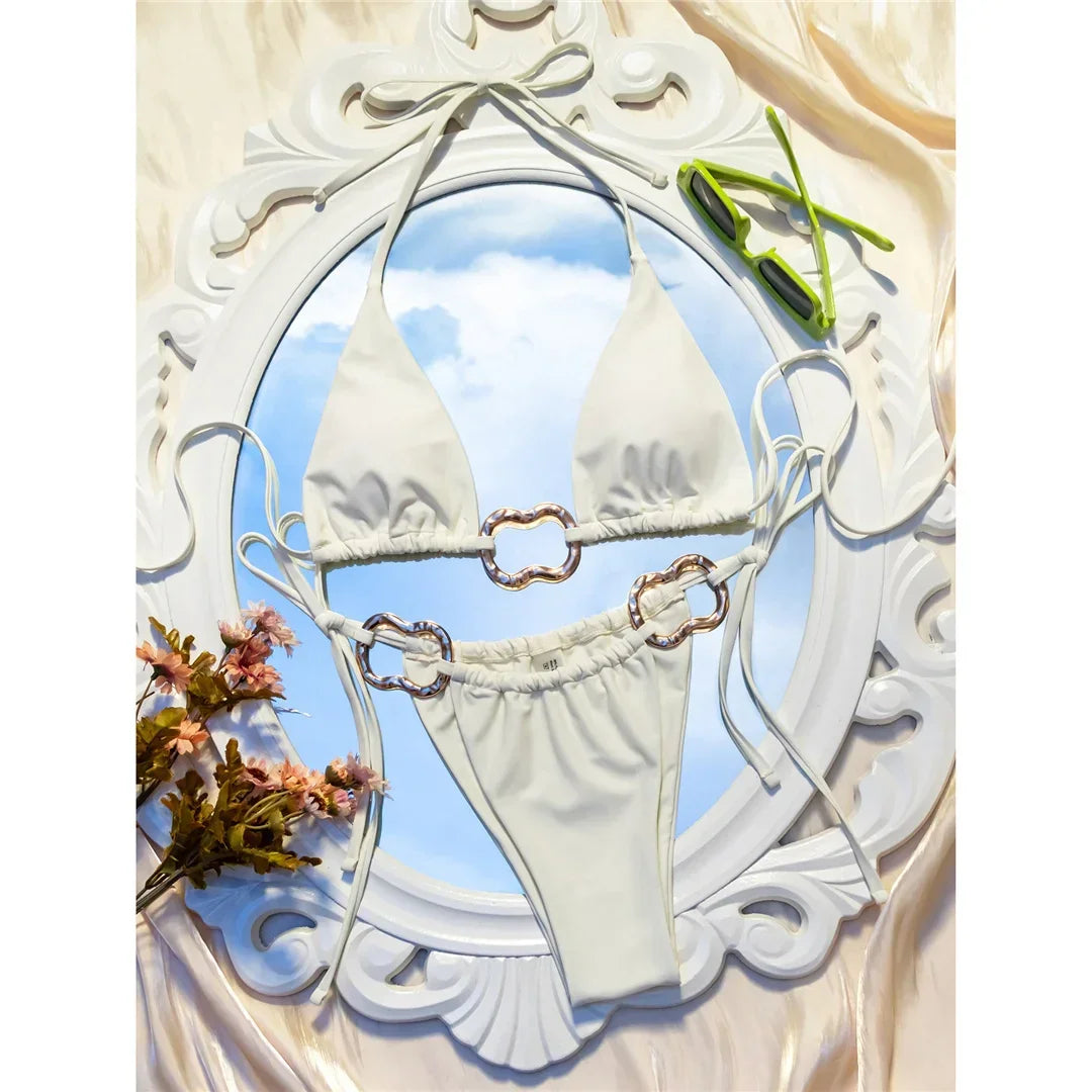 Sexy Halter Metal Rings High Leg Cut Bikini Female Swimsuit Women Swimwear Two-pieces Bikini set Bather Bathing Suit Swim V6564