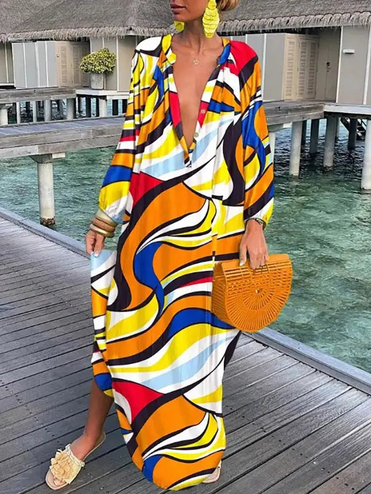 Women Boho Print Beach Cover Up 2023 Summer Sexy Deep V-Neck Long Sleeve Long Dresses Female Vintage Maxi Dresses Elegant Robe