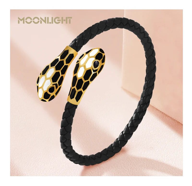 Double Snake Head Cuff Bangles Braided Leather