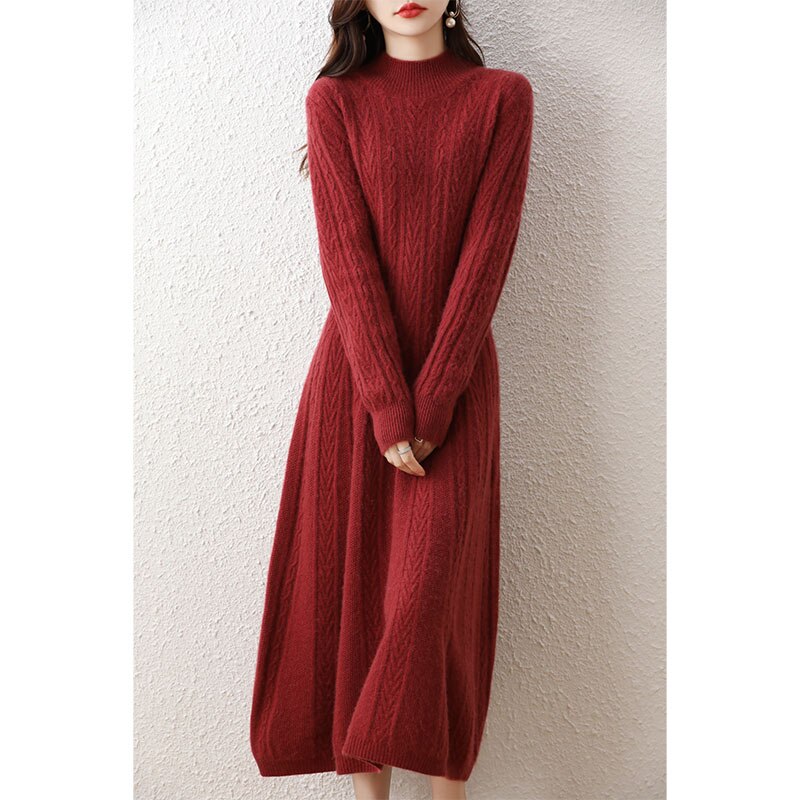 Elegant Fashion Dresses Cashmere Sweater Knitted Long Dress 100% Merino Wool Women Turtleneck Office Skirt Autumn Winter Clothes LUXLIFE BRANDS