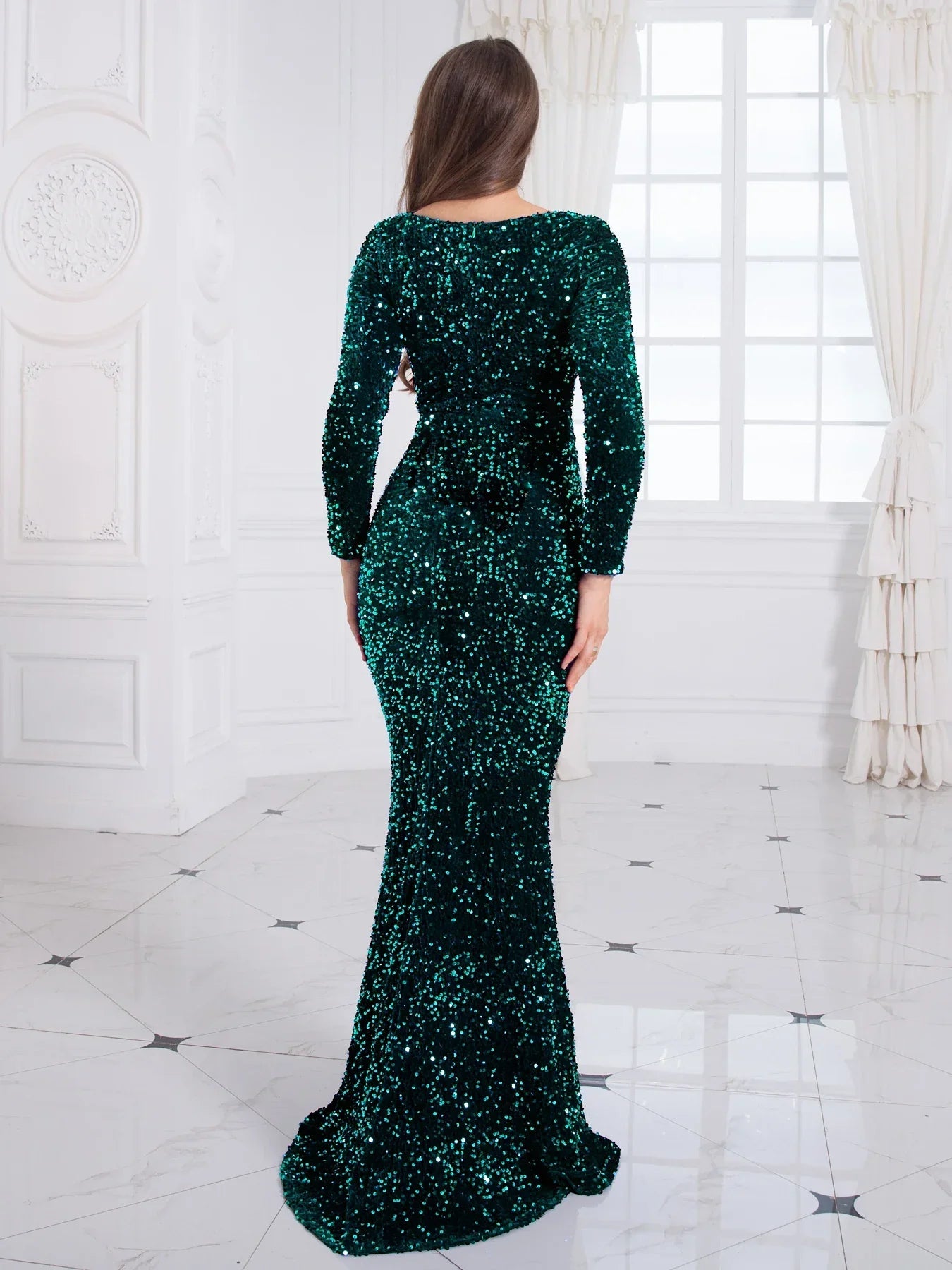 Kisscc Royal Blue Stretch Sequin Floor Length Evening Night Dress Full Sleeve Bodycon Black Mermaid Party Dress Luxlife Brands