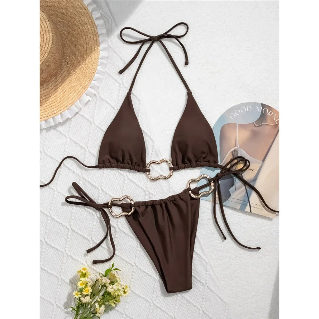Sexy Halter Metal Rings High Leg Cut Bikini Female Swimsuit Women Swimwear Two-pieces Bikini set Bather Bathing Suit Swim V6564