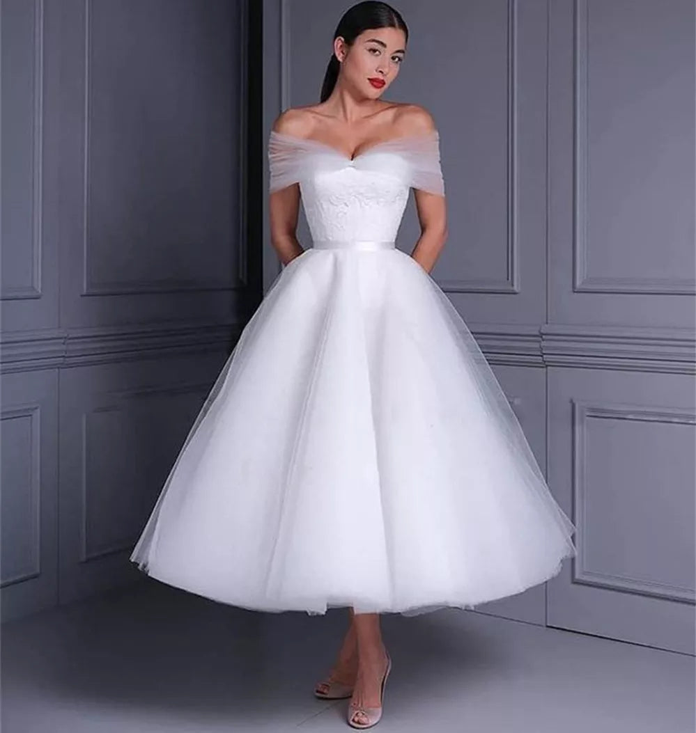 Pure White Short Wedding Dresses 2022 Off The Shoulder Lace Tea Length Elegant Outdoor Bridal Gowns 2023 Vestidos De Novia LUXLIFE BRANDS