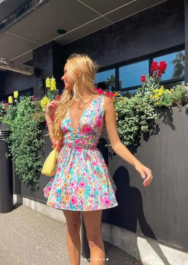 New Backless Sexy Women Mini Dress Sleeveless V Neck Backless Flower Print Summer Club Party Dress Sundress Streetwear S M L