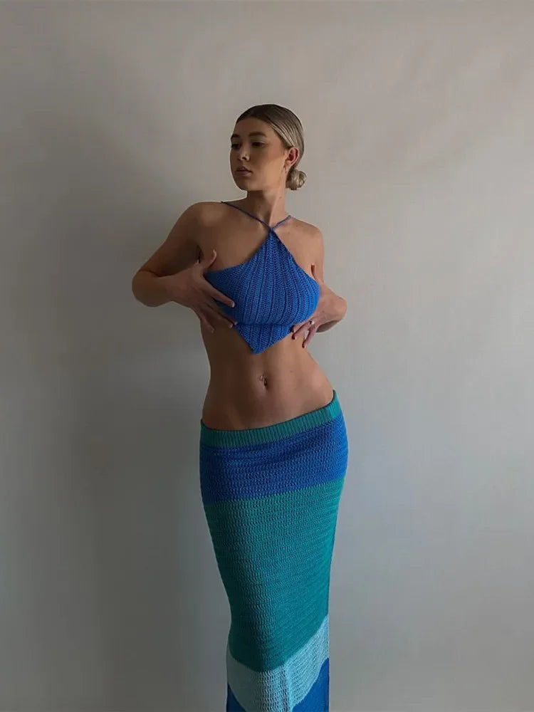 hirigin Fashion Knitted Summer Holiday Beach 2 Piece Sets Outfits for Women Elegant Top and Skirt Sexy Matching Sets Co-Ord Sets