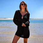 2025 Sexy See-through Solid Knit V-neck Hollow Out Beach Mini Dress Summer Women Holiday Beachwear Swimsuit Cover Up Tunic A2862 Luxlife Brands