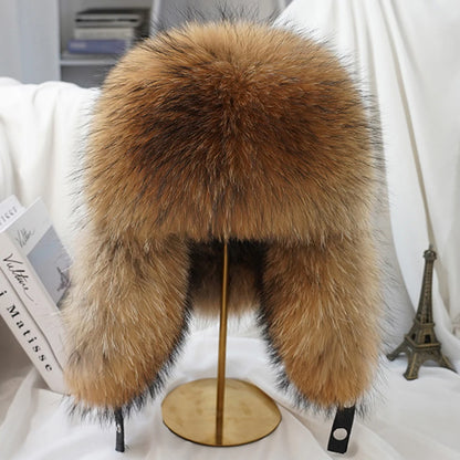New Winter Men's 100% Real Silver Fox Fur Bomber Hat Raccoon Fur Ushanka Cap Trapper Russian Man Ski Hats Caps Real Leather LUXLIFE BRANDS