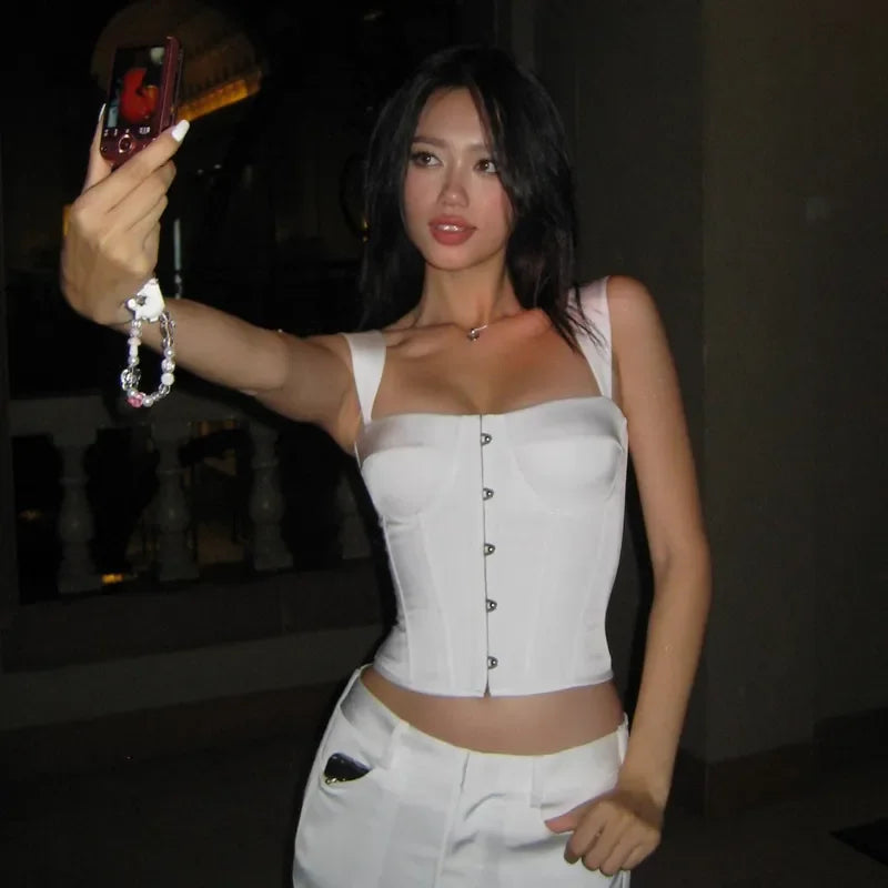 WhereMery Solid Hook Button Satin Tank Top Y2K Tight Square-neck Summer Crop Tops Elegant Sleeveless Exposed Navel Street Camis LUXLIFE BRANDS