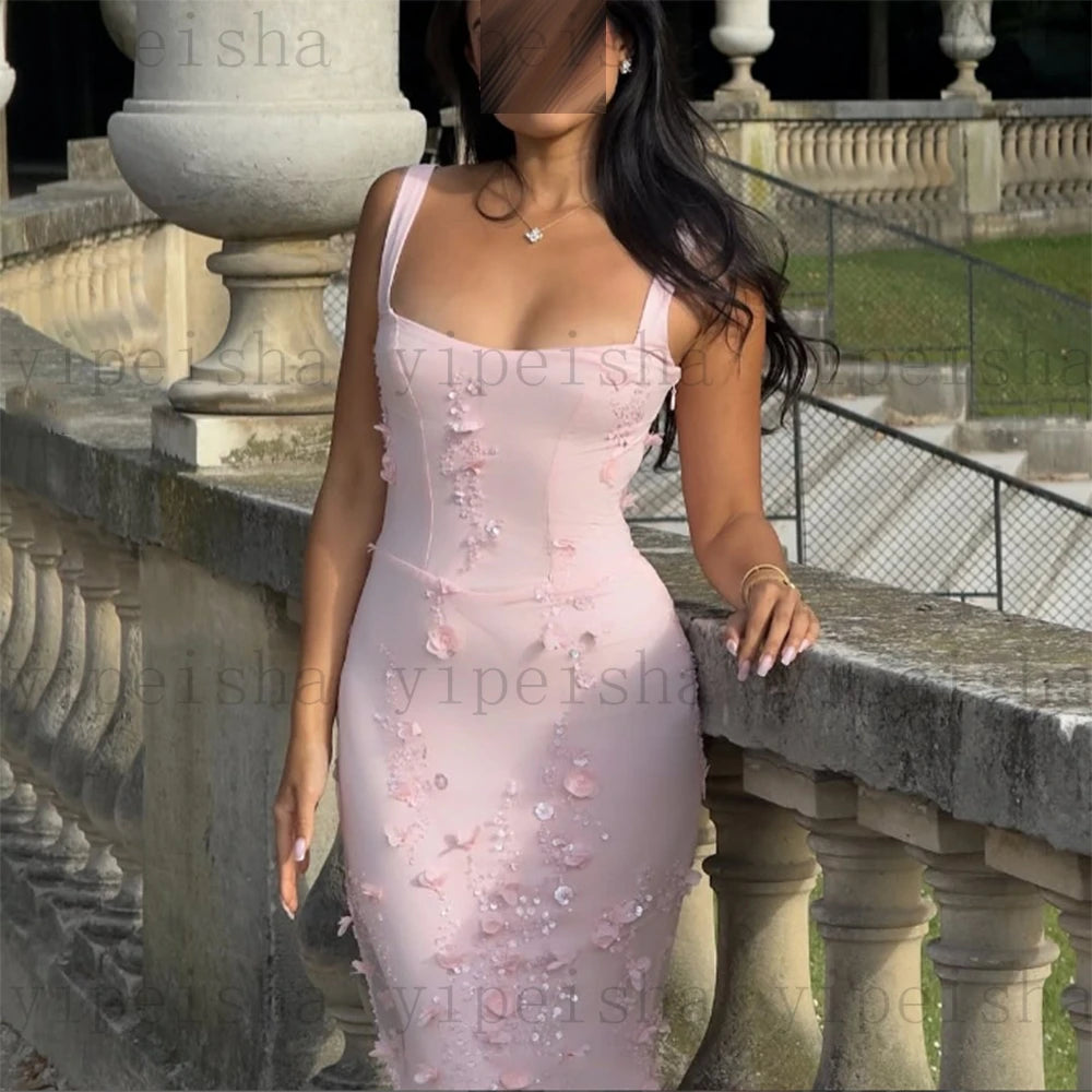 Customized square collar mermaid Evening Dresses spaghetti strap Party Dress 3D Flowers Sequined Lace Appliques Long Prom Gown Luxlife Brands