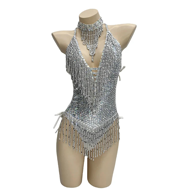 Beaded Sequin Tassel Performance Bodysuit