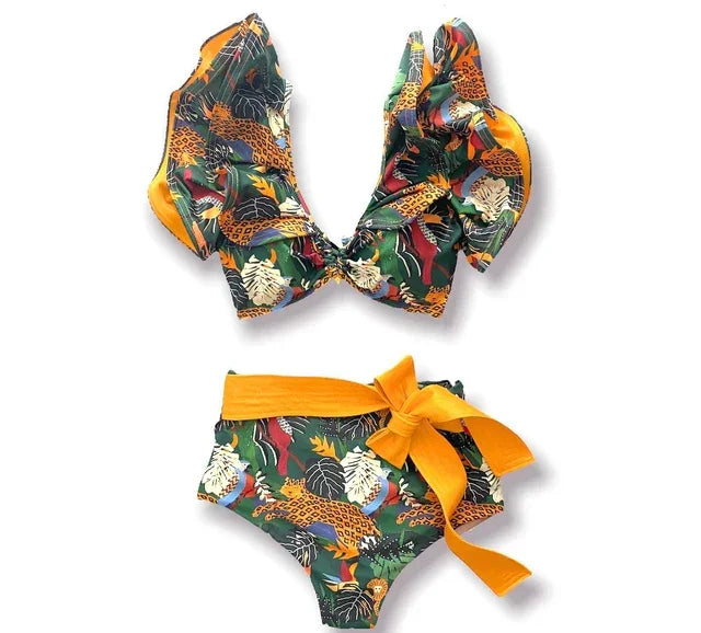 2024 Sexy Bikini Set Women High Waist Classic Off Solid Ruffle Sleeves Swimwear Red Separate Deep V Swimsuit Vintage Beach Set