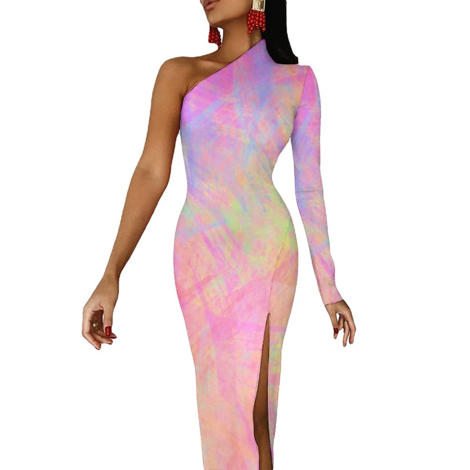 Neon Paint Long Dress Women Graffiti Splatter Print Party Maxi Dress Summer Long Sleeve Sexy Bodycon Dresses Side Split Clothes