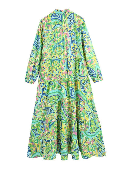 Foridol Paisley Print Shirt Dress Elegant Autumn Spring Green Dress Floral Print Boho Female Maxi Dress Long Sleeve Dress 2023