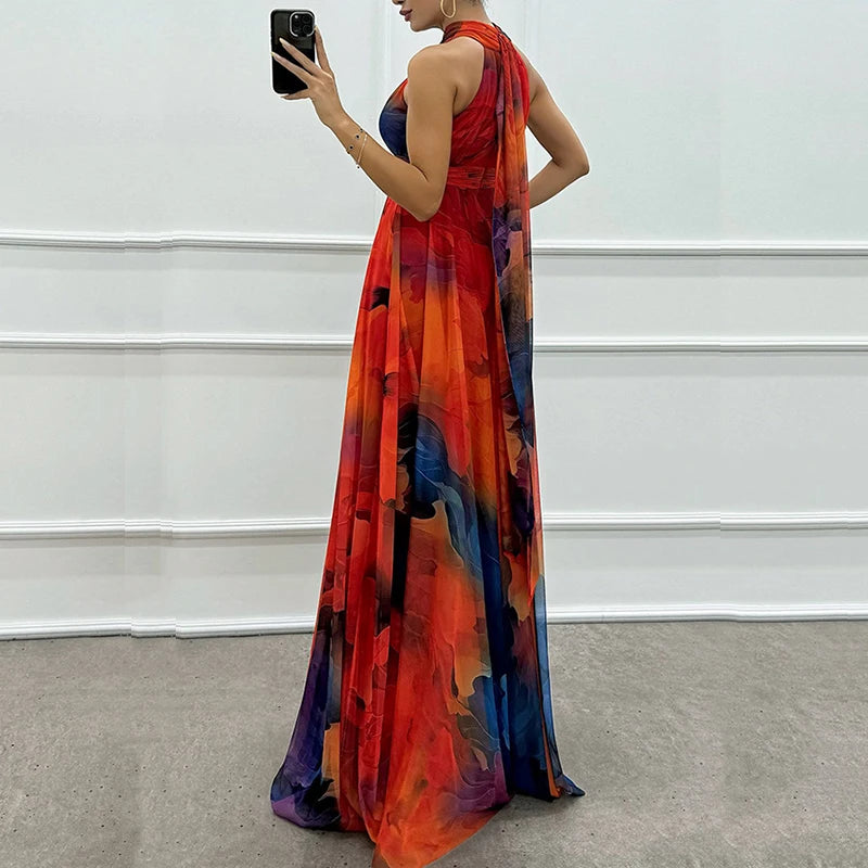 New Sexy Halter Hollow Out Women's Long Dress Casual High Waist Bohemian Dresses Vintage Pattern Printed Sleeveless Party Dress