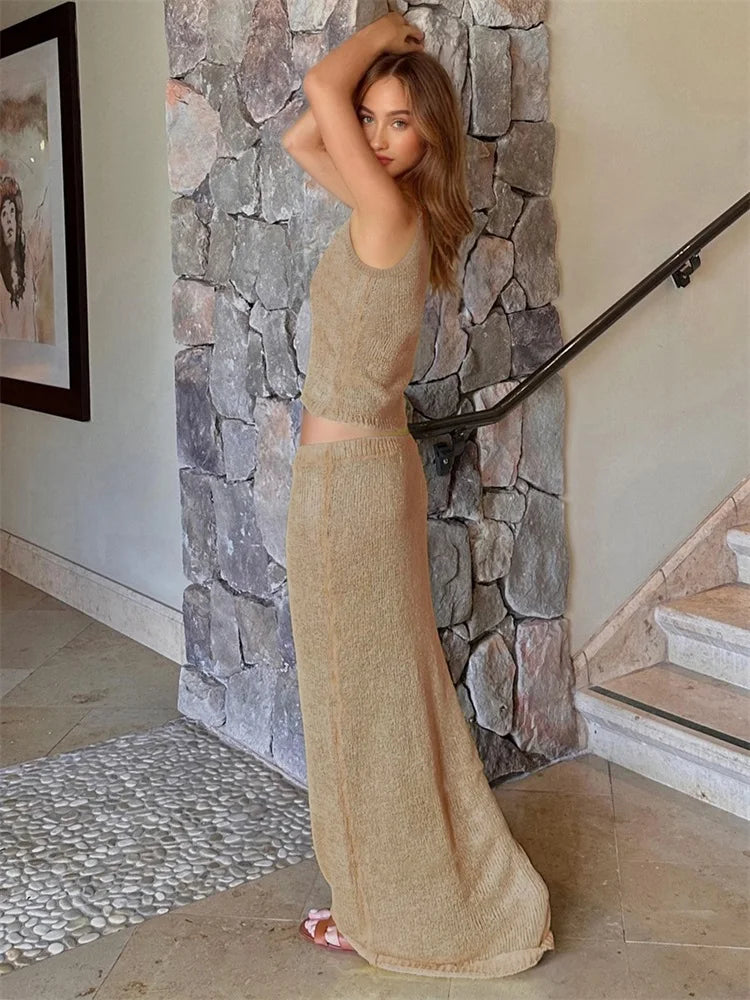 Women Sexy Knit See-through Shiny Top Half Long Skirt Set 2025 Summer Beachwear Swimsuit Cover Up 2 Piece Party Club Outfit K68 Luxlife Brands