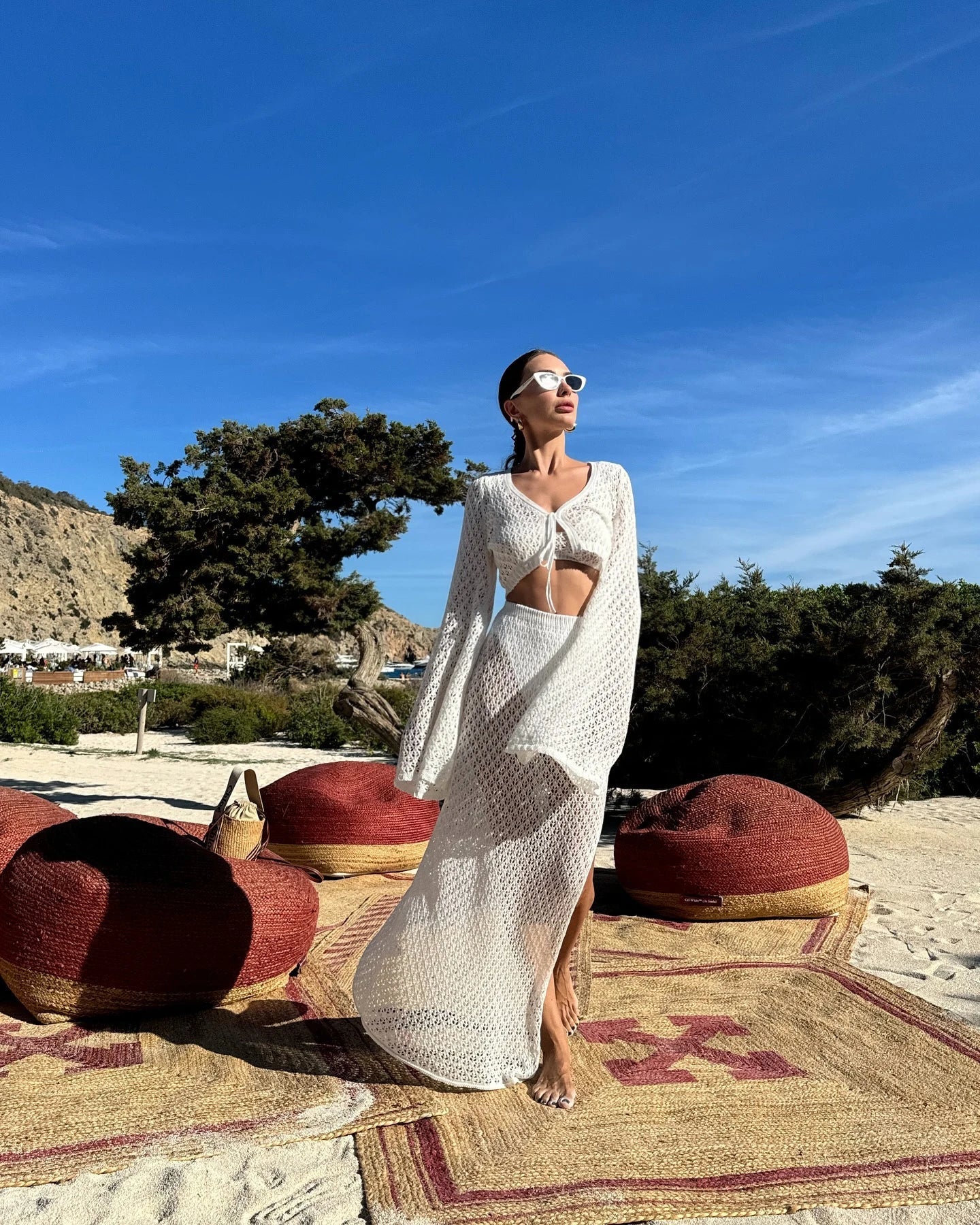 Sexy Knit Set White Cut Out Swimsuit Cover Up 2025 Women's Summer Bell Sleeve Lace-up Loose Top Beach Half Skirt Two-piece K136 Luxlife Brands