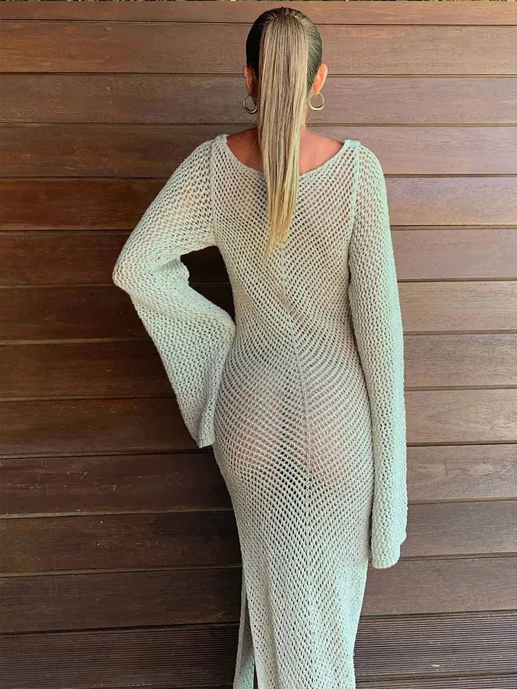 Solid Colour Beach Maxi Dress 2025 Women Summer Sexy Knit Flared Long Sleeve Slit Cut Out Swimsuit Cover Up Holiday Outfits K120 Luxlife Brands