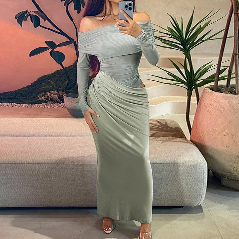Sexy Light Mesh Solid Color Transparent Dress Women Bodycon One Shoulder Club Party Dress Winter Elegant Long Sleeve Long Dress
