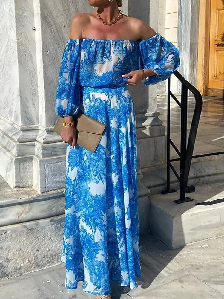 Print Patchwork Slash Neck Maxi Dress, Women Spring Summer Three Quarter Lantern Sleeve Party Dress, Simple Elegant Ladies Dress