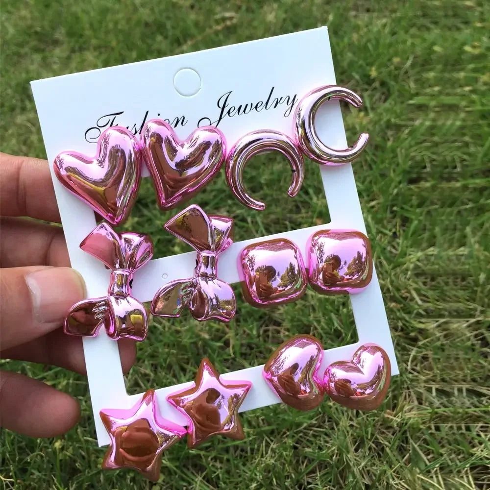 New 6 pair/set Metallic Color Acrylic Y2K Stud Earrings for Women Rock Heart Moon Star Bowknot Square Earring Korea Jewelry Sets