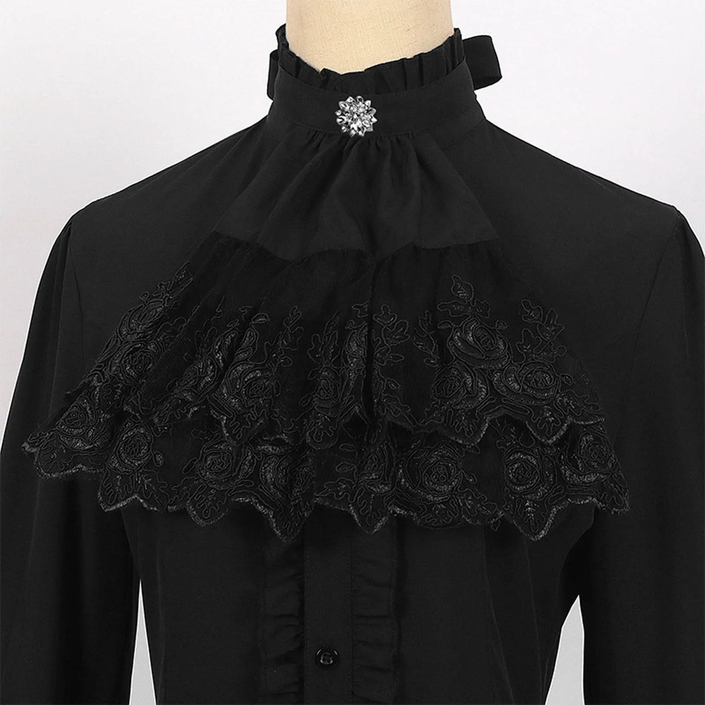 Elegant French Style Solid Shirt For Women Stand Flare Sleeve Lace Embroidery Ruffles Bandage Design Gothic Black Shirts Top