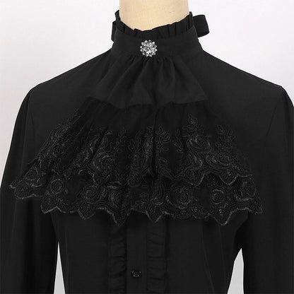 Elegant French Style Solid Shirt For Women Stand Flare Sleeve Lace Embroidery Ruffles Bandage Design Gothic Black Shirts Top