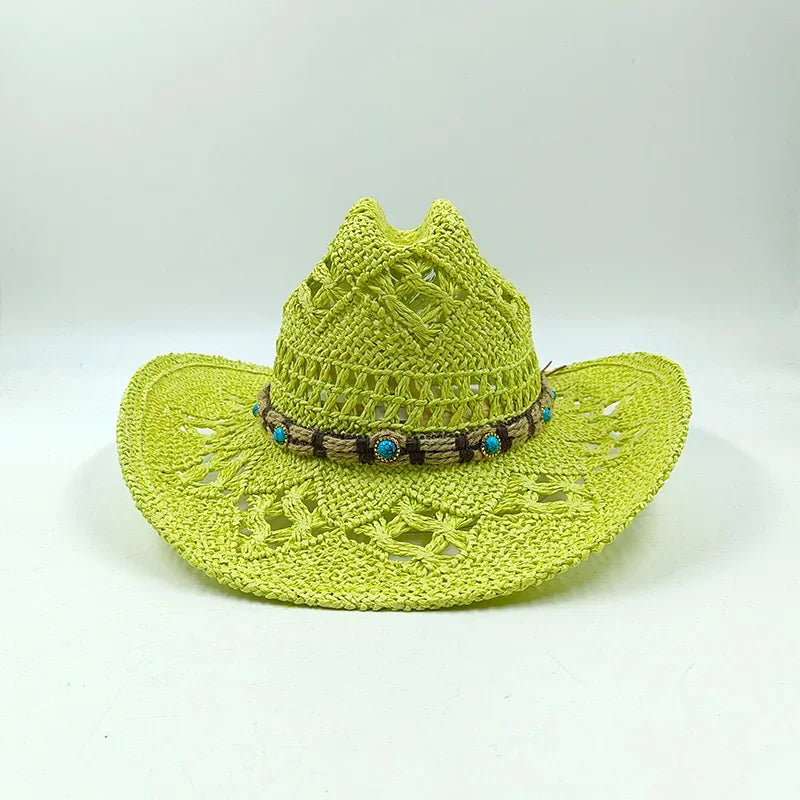 Hand-woven hollow denim straw hat men's and women's summer sunscreen hat western cowboy straw hat sombrero mujer sombrero hombre