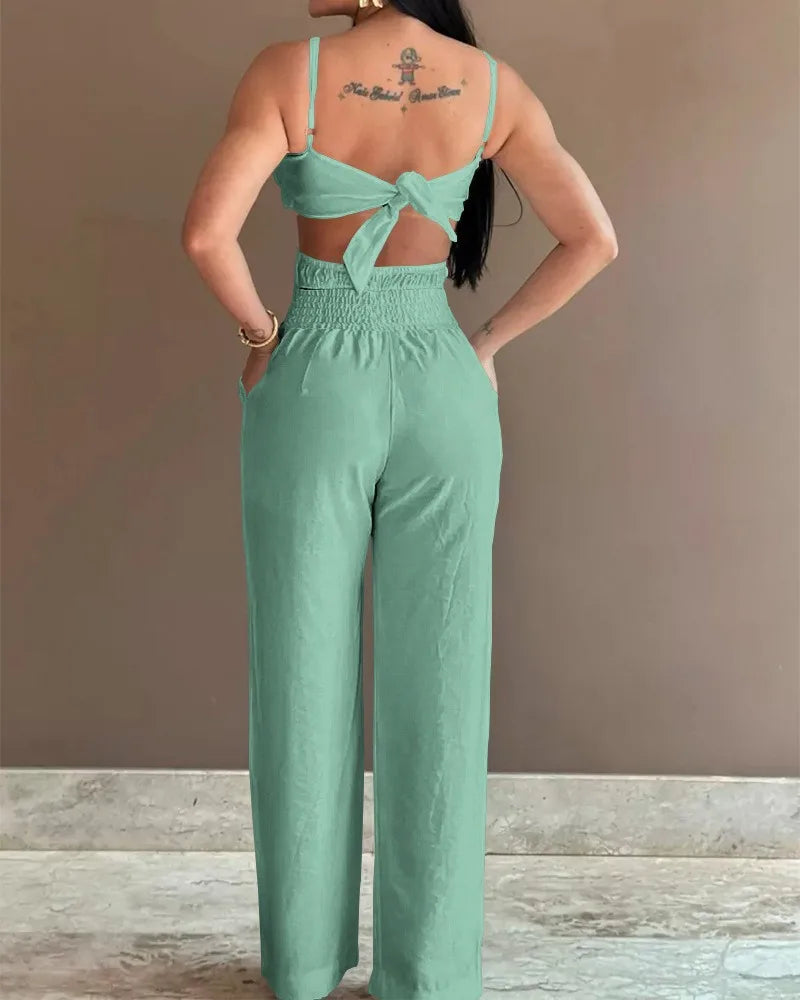 2024 Summer Fashion Jumpsuit Women Floral Pattern Shirred Hollow Out Casual Asymmetrical Neck Pocket Backless Jumpsuit - LUXLIFE BRANDS