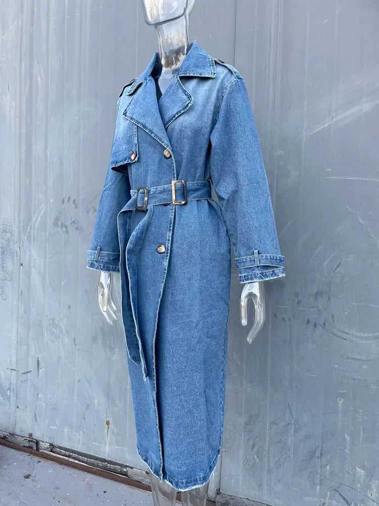 Denim Trench Coats For Women Belt On Waist Slim Jean Coats Ladies Jaqueta Feminina Blue Jean Jacket Woman LUXLIFE BRANDS