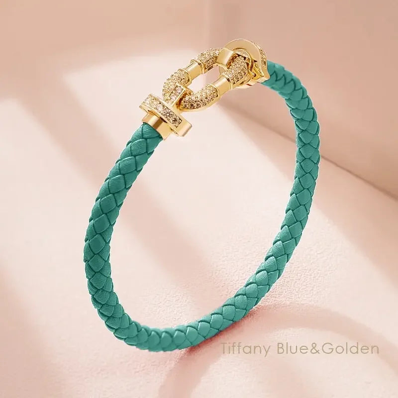 MOONLIGHT Women's Trendy Round Metal Brand Genuine Braided Leather Bracelet Cubic Zirconia Bracelet Female Jewelry Accessories