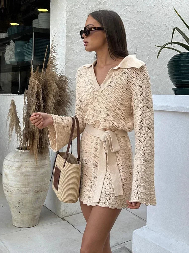 Sexy Shirt V-neck Bell Sleeve Hollow Out Knitted Belted Beach Mini Dress 2025 Summer Swimsuit Cover Up Women's Casual Outfit K16 Luxlife Brands