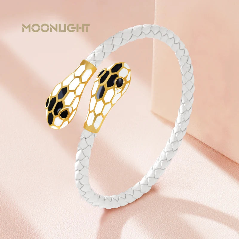 Double Snake Head Cuff Bangles Braided Leather