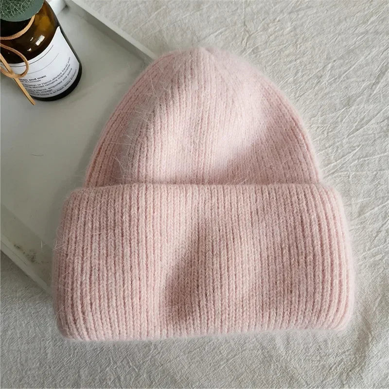 Fashion Warm Skullies Angola Rabbit Fur Winter Knitted Beanies Women Cap Female Three Fold Ski Outdoor Hats