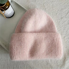 Fashion Warm Skullies Angola Rabbit Fur Winter Knitted Beanies Women Cap Female Three Fold Ski Outdoor Hats Luxlife Brands