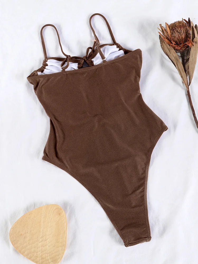 Miyouj Solid Color Swimwear Women's Swimsuit Bandage One Piece Suit High Waist Beachwear High Cut Bathsuit Hollow Out Swimsuits Luxlife Brands