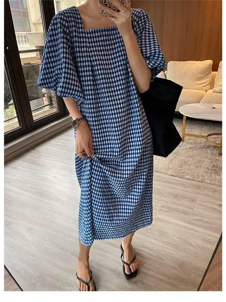 Fashion Square Neck Plaid Puff Sleeve Loose Casual Dress Summer Women Korean Ladies Chic 2023 New Dresses Elegant Woman Dress