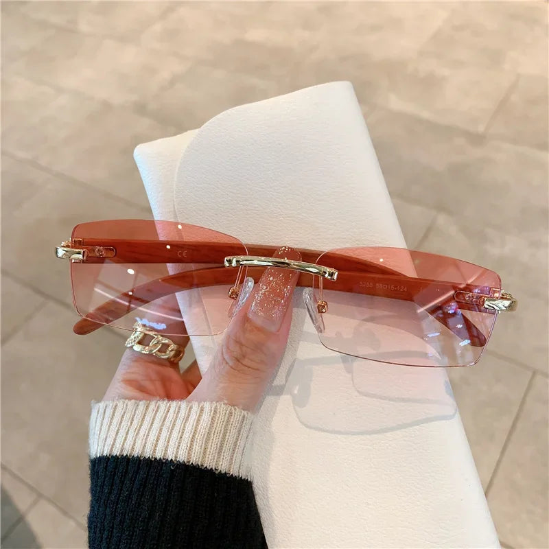 KAMMPT Rimless Sunglasses For Men Women Wooden Pattern Luxury Brand Retro Sun Glasses Fashion Shades UV400 Travel Outdoor Luxlife Brands