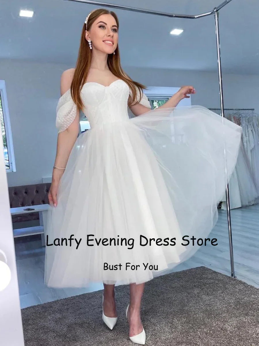 Tulle Little White Wedding Dresses 2023 Sweetheart A-line Short Bride Gowns Tulle Mid Civil Wedding Dress Engagement Skirts LUXLIFE BRANDS