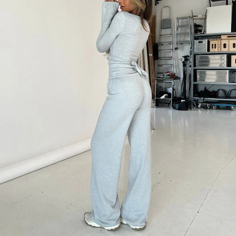 Casey Lounge V Neck Waist Tie T-shirt + Elastic Waist Pants