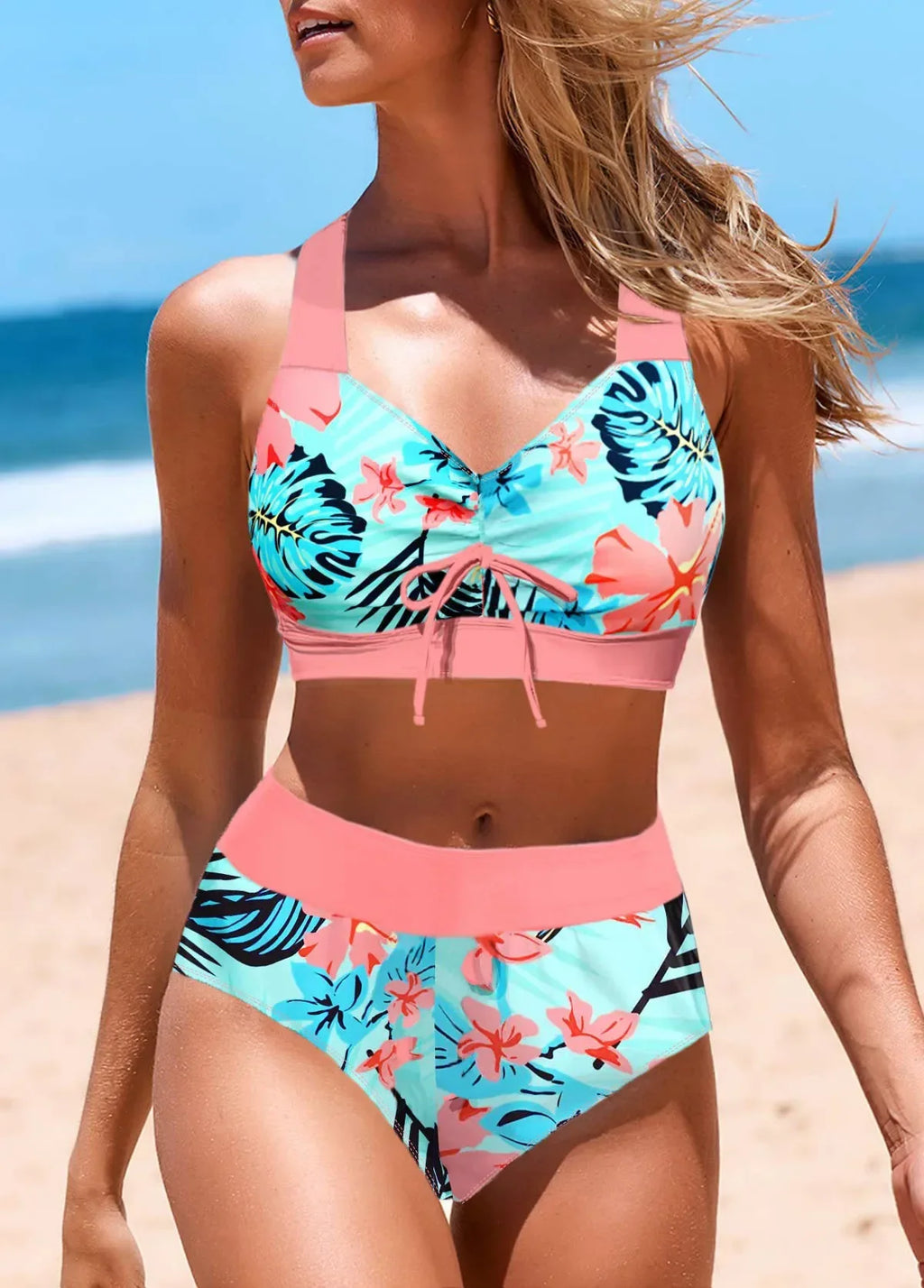 New Summer Women's Tank Top Triangle Shorts Two Piece Swimsuit Pink Plum Blossom Sexy Holiday Beach Set S-6XL