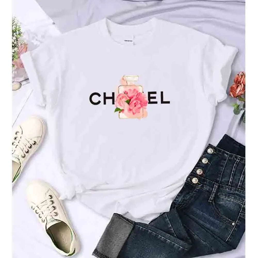 Women Summer T-Shirt Alphabet Flowers Perfume Print Cotton Tees Luxury Short Sleeve Tee Solid Color Street Y2K Top Female Cloth LUXLIFE BRANDS