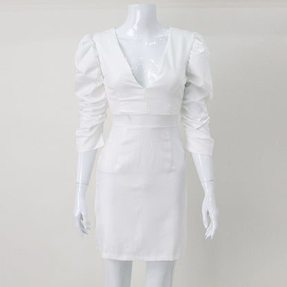Women'S Pure White Puff Sleeves Deep V Corset Backless Temperament Elegant Fashion Dress Temperament Sexy Style