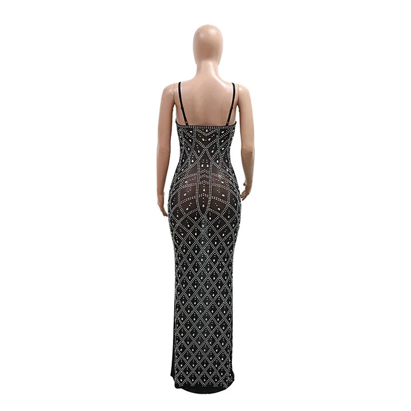 New Fashion Black See Through Mesh Diamonds Sexy Long Party Dresses Women Spaghetti Strap Bodycon Rhinestone Night Club Dress