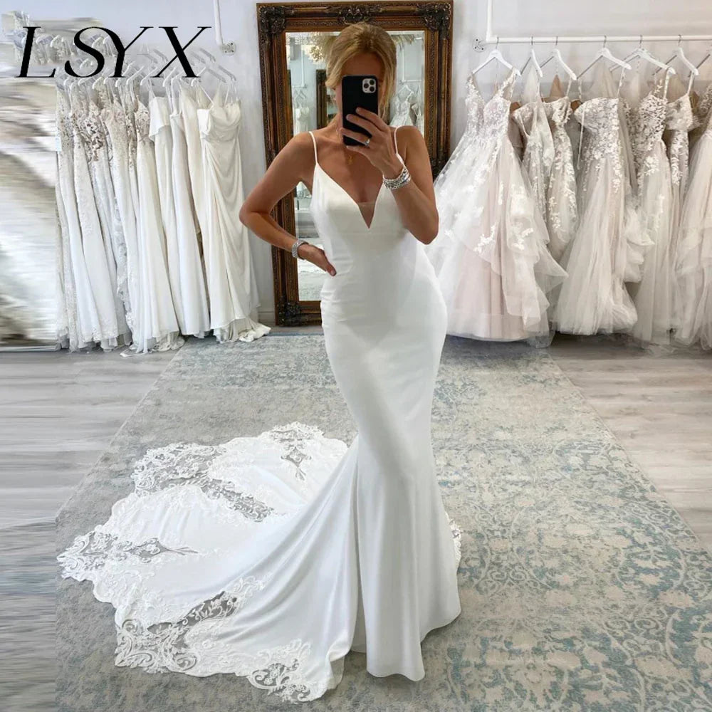 LSYX Deep V-Neck Sleeveless Crepe Mermaid White Wedding Dress 2023 Spaghetti Straps Backless Lace Bridal Gown Custom Made LUXLIFE BRANDS