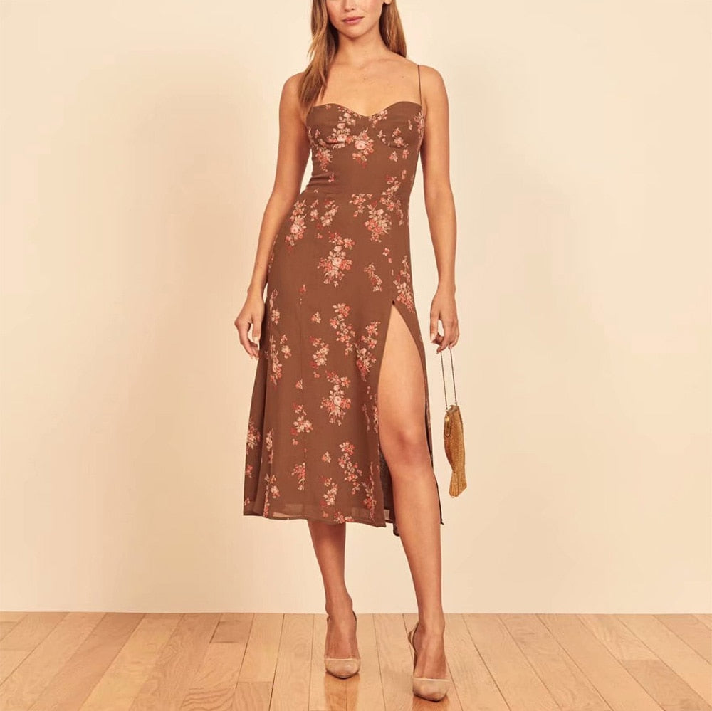 Summer Dresses For Women 2022 Elegant Vintage Floral Print Dress Sweetheart Neck Spaghetti Strap Midi Dress With Slit Sundress