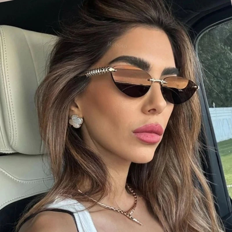 New Cat Eye Rivet Rimless Sunglasses Women Luxury Fashion Brand Oval Narrow Sun Glasses Shades Trendy Elegant Unique Eyewear